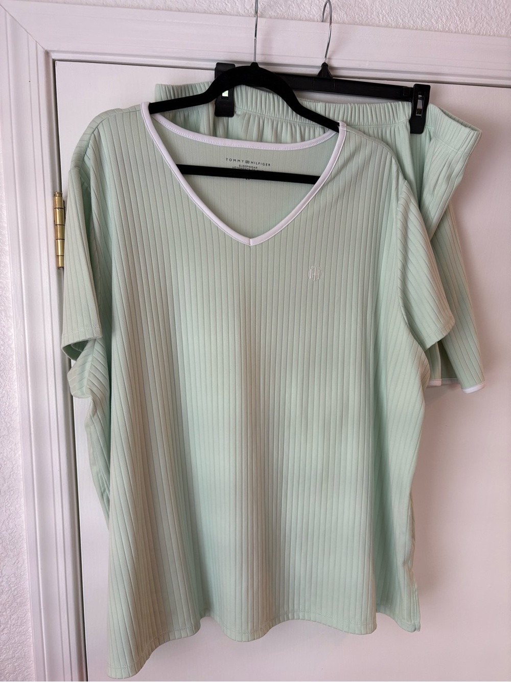 2X Tommy Hilfiger Light Mint Ribbed V-Neck pajama set with White Trim